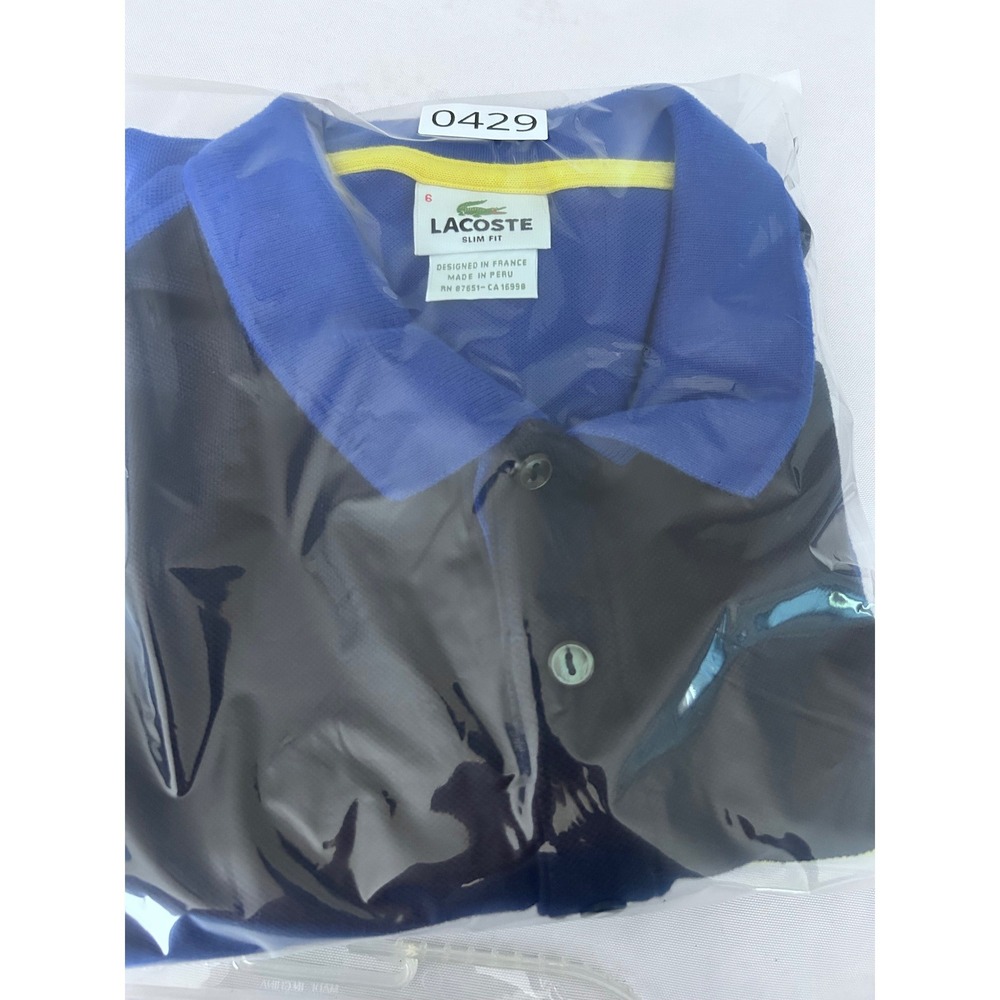 Lacoste Slim Fit Polo Shirt Mens Size 6 Blue Navy Yellow Striped Colorblock 429 - Picture 7 of 8
